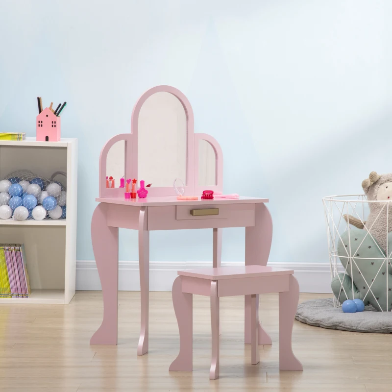 HOMCOM Coiffeuse pour enfant avec tabouret 3 miroirs et tiroir 3 à 6 ans 52 x 32 x 85 cm rose