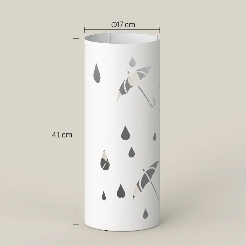 HOMCOM Porte parapluie cylindrique support pour parapluies bac d'égouttement amovible et 4 crochets, Ø 17 x 41 cm, blanc
