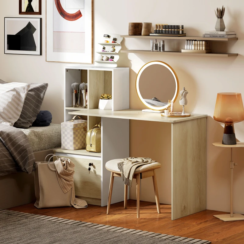 HOMCOM Bureau d'ordinateur avec bibliothèque 4 compartiments et tiroir verrouillable, 126 x 50 x 109 cm, chêne et blanc