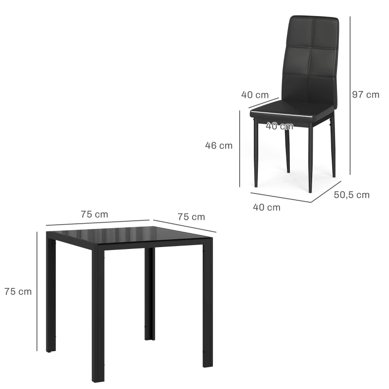 HOMCOM Ensemble table à manger et chaises pour 2 personnes, plateau rectangulaire en verre, pour cuisine salon maison, noir