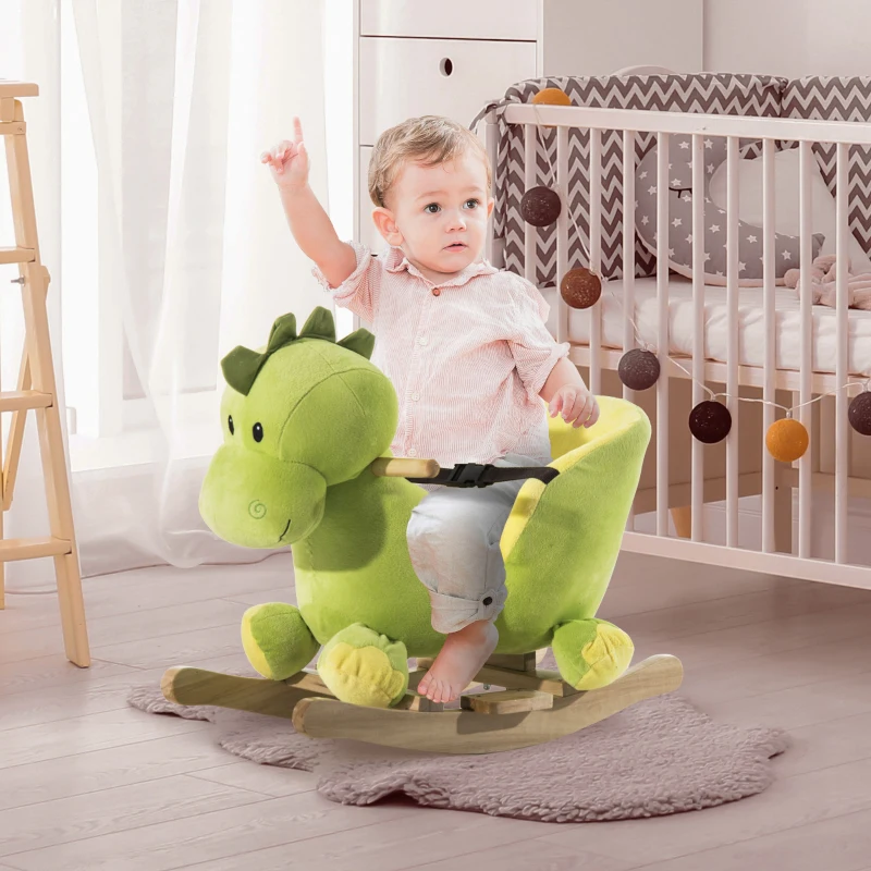 HOMCOM Jouet à Bascule Dinosaure Ceinture de sécurité Effet sonore 32 chansons pour enfants de 18+ Mois Bois Peluche Verte