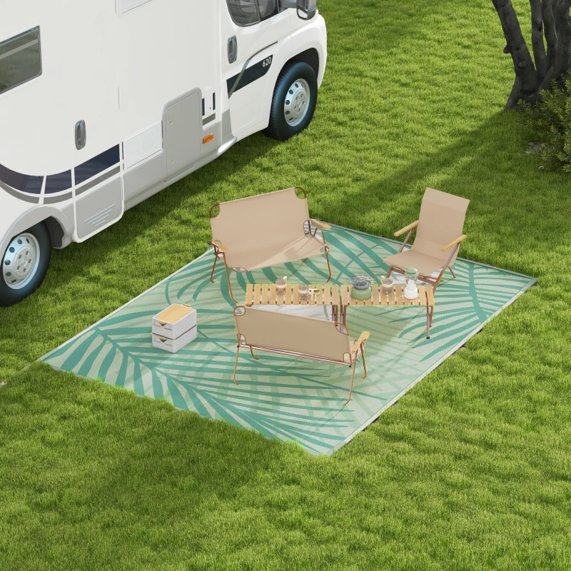 Outsunny Tapis de jardin extérieur réversible 365L x 274l cm imperméable motif feuillage avec sac de transport, vert crème