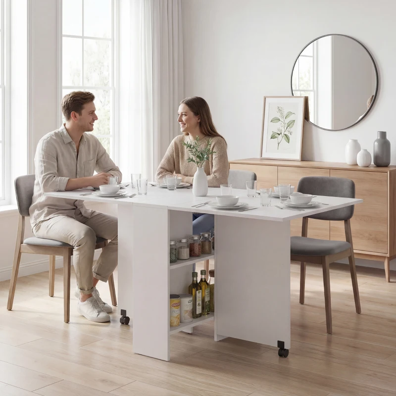 HOMCOM Mesa Plegable de Comedor con Ruedas Alas Abatibles y Estantes para 4-6 Personas 75x140x74 cm Blanco