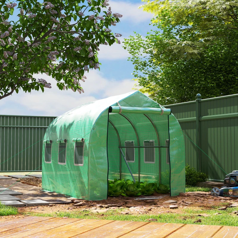 Outsunny Serre de jardin tunnel serres tunnel 6 m² avec 6 fenêtres porte à fermeture éclair toile PE structure fer galvanisé vert