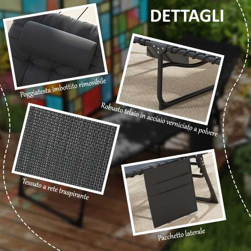 Outsunny Lettino Prendisole Pieghevole con Cuscino, Poggiatesta e Tasca Laterale, 58x189x32.5 cm, Nero