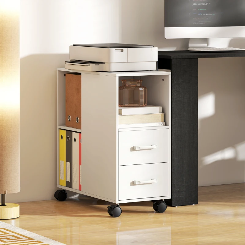 HOMCOM Support d'imprimante, meuble de rangement sur roulettes avec tiroirs, étagère réglable et compartiment ouvert, blanc