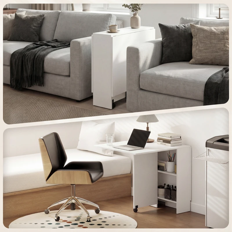 HOMCOM Mesa Plegable de Comedor con Ruedas Alas Abatibles y Estantes para 4-6 Personas 75x140x74 cm Blanco