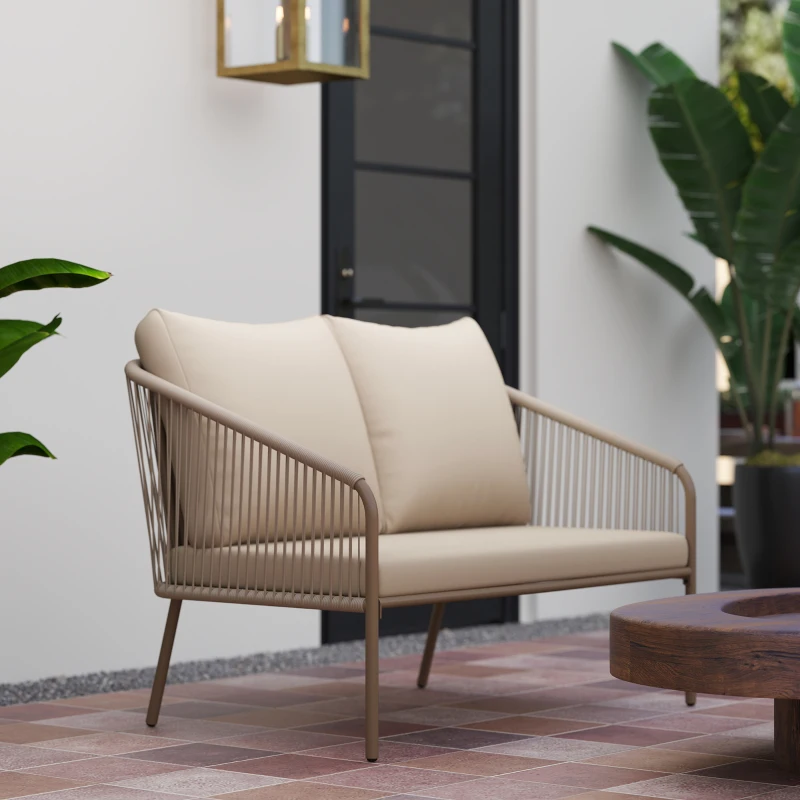 Outsunny Canapé de jardin 2 places en résine tressée avec coussins canapé d'extérieur accoudoirs cadre en acier 112x72x76cm beige