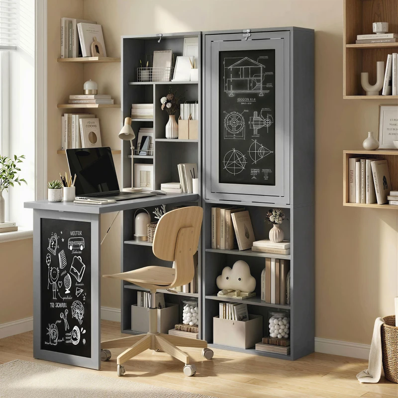 HOMCOM Bureau avec rangement pliable murale rabattable avec bibliothèque poste de travail tableau à craie et étagère réglable(m-2)