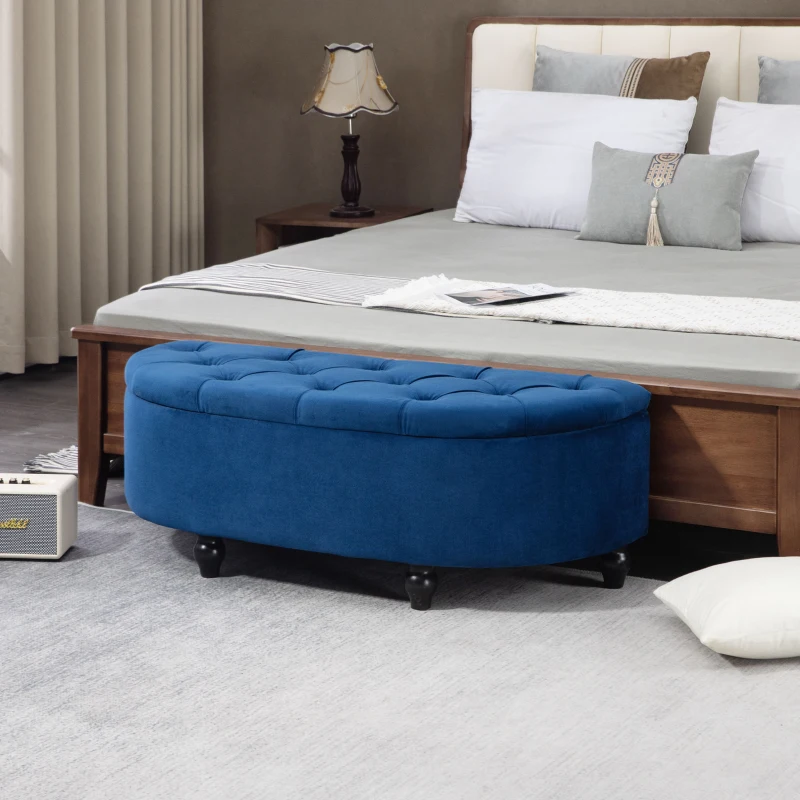 HOMCOM Pouf de Rangement Coffre 2 en 1 - Pouf capitonné Demi-Cercle - Pieds Bois hévéa Noir revêtement Velours Bleu