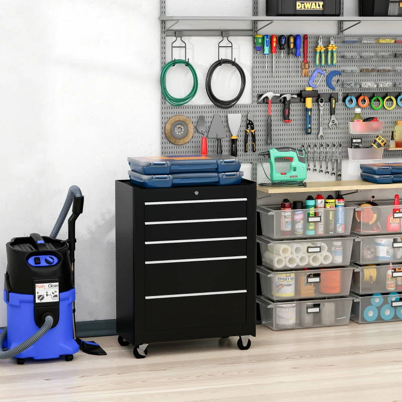 HOMCOM Carrinho de Ferramentas para Oficina com Rodas e 5 Gavetas Fechadura e Alça Lateral 61,5x33x85 cm Preto