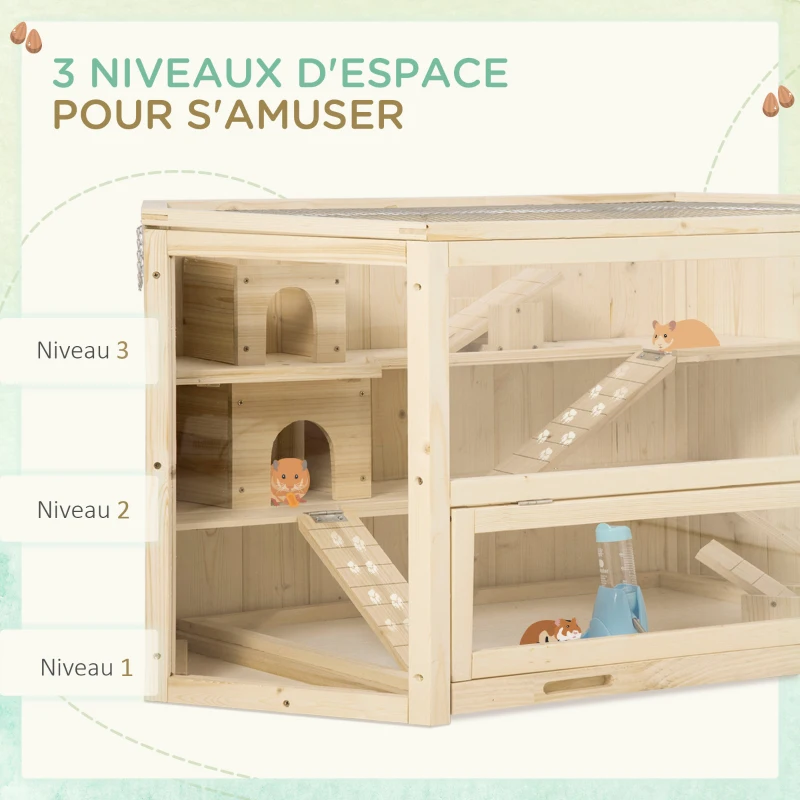 PawHut Cage à hamster à 3 niveaux bascules, fenêtres, cabanes, plateau coulissant, 115 x 60 x 55 cm, effet bois naturel