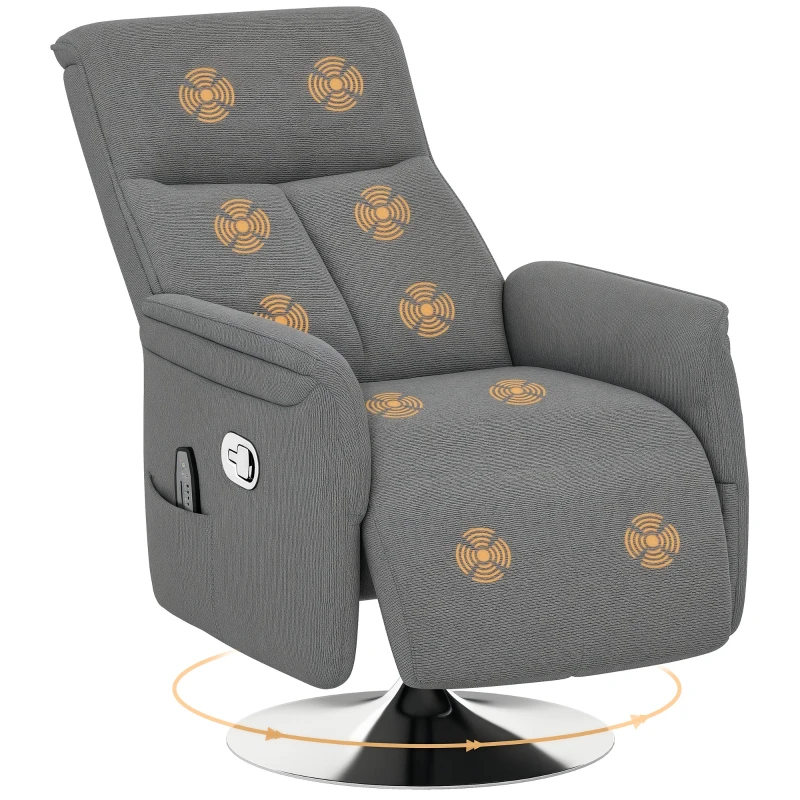 HOMCOM Poltrona de Massagem com Apoio para os Pés Poltrona Relax Reclinável até 135° com 10 Pontos de Massagem 68,5x84x110cm Cinza