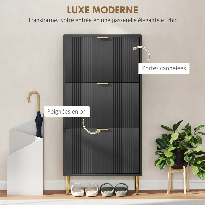 HOMCOM Meuble à chaussures 18 paires avec 3 tiroirs rabattables, portes cannelées et étagères réglables, 60x24x128cm, noir