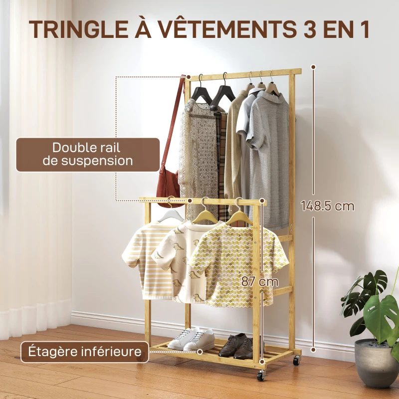 HOMCOM Portant à vêtements à roulettes, porte-manteau double barre en bambou avec étagère inférieure, 80x40x160cm, bois naturel