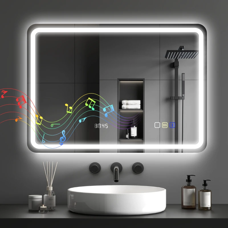 HOMCOM Miroir salle de bain Bluetooth avec éclairage LED 50 x 70 cm, miroir lumineux mural avec horloge, antibuée, argenté
