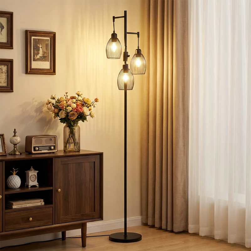 HOMCOM Lampada da Terra Industriale con 3 Paralumi e Intensità Regolabile, in Acciaio, 30x30x170.5 cm, Nero