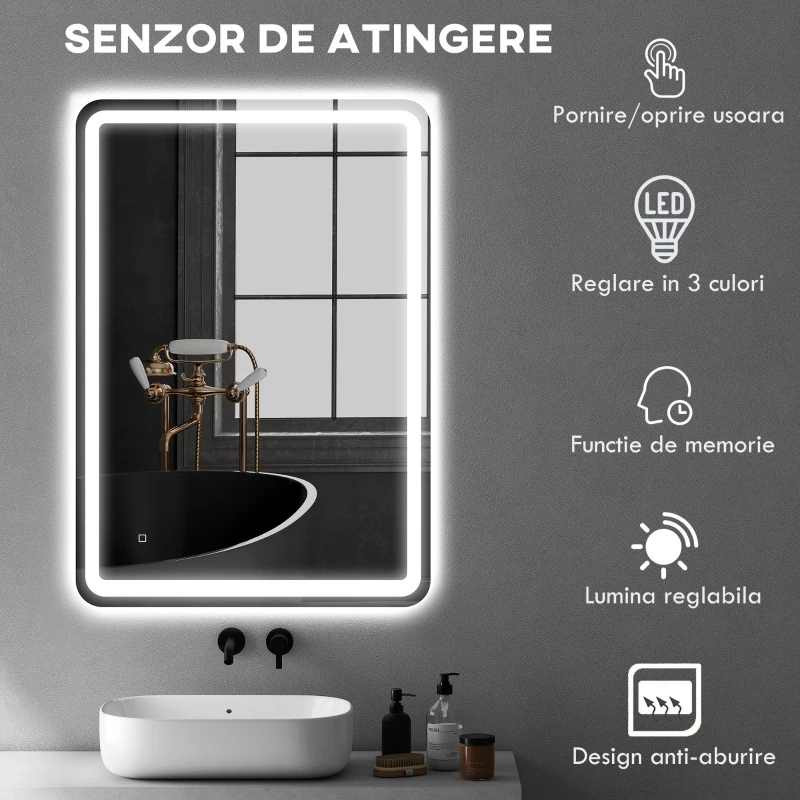 HOMCOM Oglindă de Baie Touch 70x100 cm cu LED 3 Tonuri de Lumină și Antiaburire