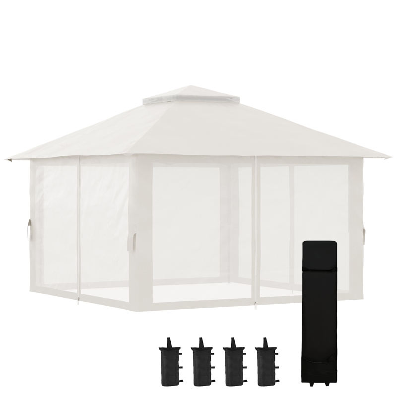 Outsunny Gazebo Pieghevole 4x4 m ad Altezza Regolabile con Zanzariera e Borsa, in Metallo e Tessuto Oxford Crema