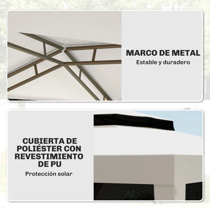 Outsunny Carpa de Jardín 3x3 m Cenador Gazebo con 4 Mosquiteras Laterales Techo Doble 8 Orificios de Drenaje Marco de Metal Crema
