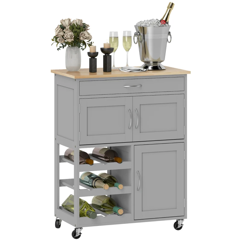 HOMCOM Modern Kitchen Trolley, Rolling Island Storage Cart with Drawer, 9-bottle Wine Rack, Door Cabinets, Wooden Countertop, Grey