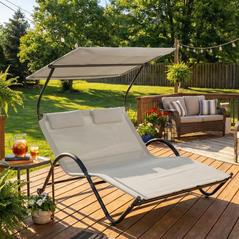 Outsunny Chaise longue bain de soleil transat avec auvent oreiller et roulettes en acier et polyester crème