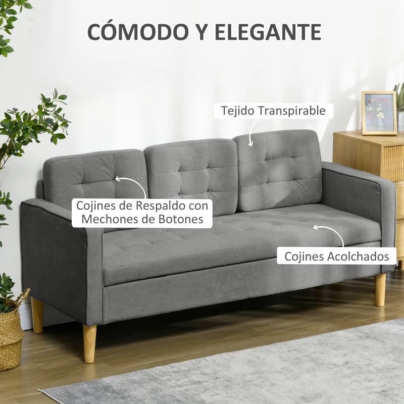 HOMCOM Sofá de 3 Plazas Acolchado con 3 Cojines y Reposabrazos Espacio de Almacenaje Estilo Moderno para Salón Dormitorio 166,5x62x82 cm Gris