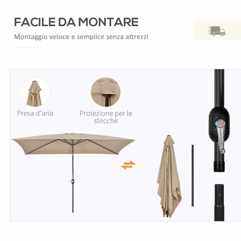 Outsunny Ombrellone Rettangolare 2x3 m Pieghevole e Regolabile con Manovella, in Alluminio e Poliestere, Cachi