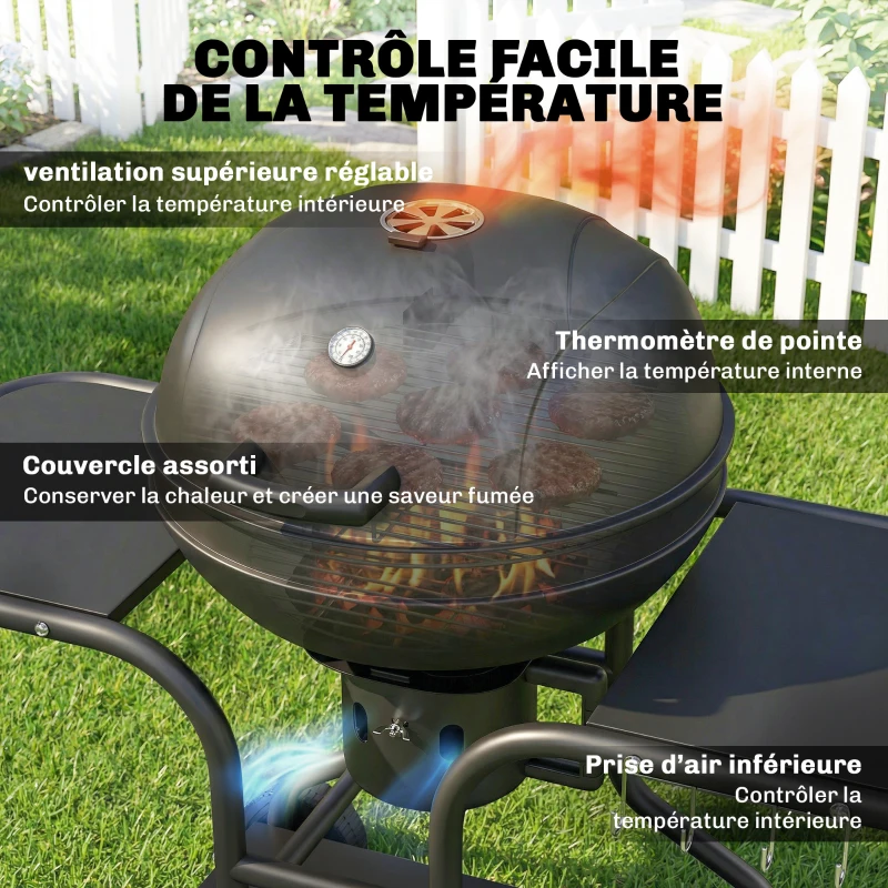 Outsunny Barbecue à charbon Rond avec couvercle Barbecue Rond Extérieur avec Thermomètre, 129 x 63,5 x 106,5 cm, Noir