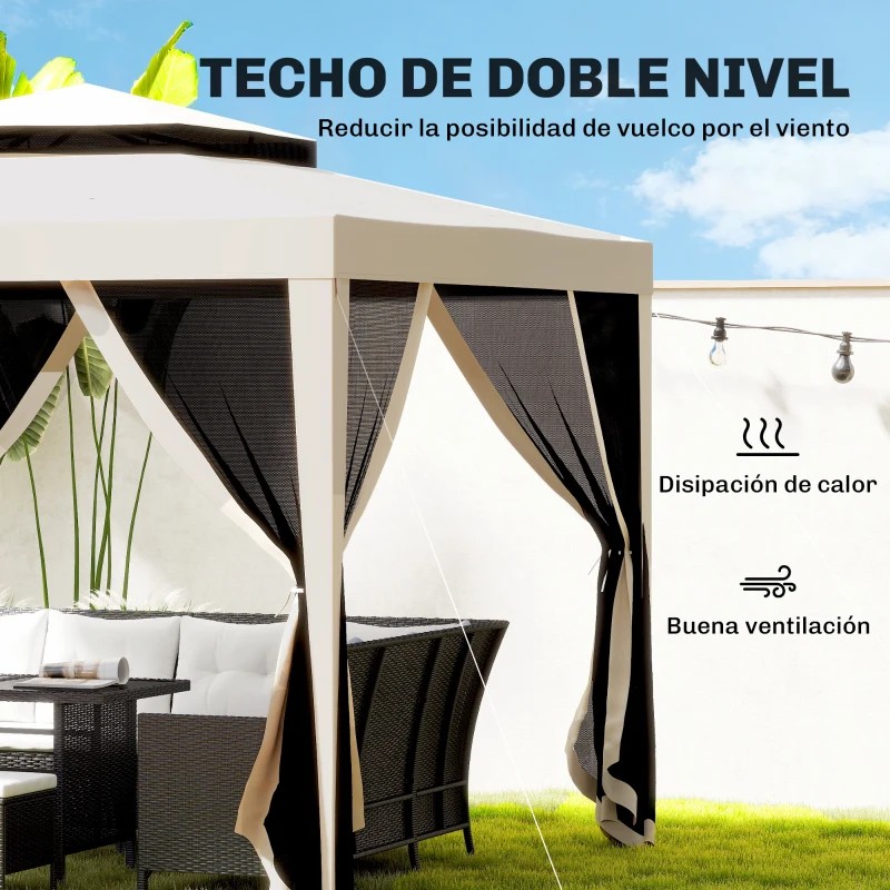 Outsunny Carpa de Jardín 3x3 m Cenador Gazebo con 4 Mosquiteras Laterales Techo Doble 8 Orificios de Drenaje Marco de Metal Beige