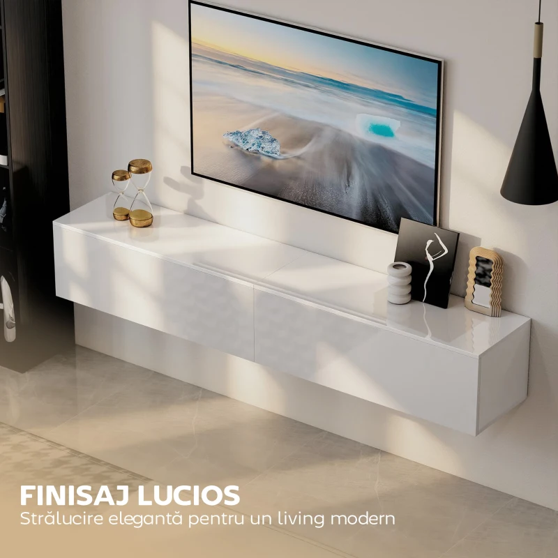 HOMCOM Dulap TV Suspendat 180 cm pentru TV până la 75 Inch, Dulap Modern pentru Living cu Uși cu Deschidere prin Apăsare și Orificii pentru Cabluri, Consolă Multimedia Montată pe Perete, Alb Lucios