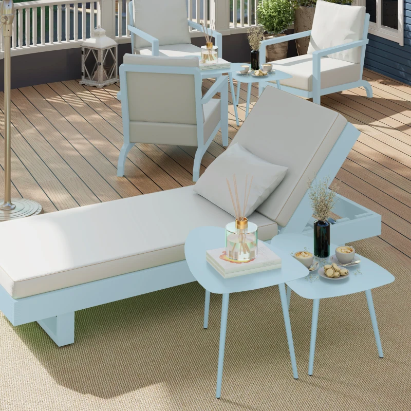 Outsunny Lot de 2 tables basses de jardin, tables d'appoint gigognes triangulaires, cadre en acier patins ajustables bleu clair