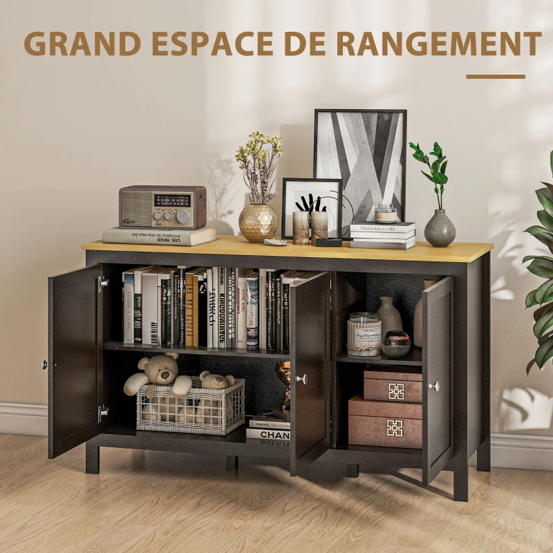 HOMCOM Buffet meuble de rangement avec 3 portes 2 étagères réglables plateau aspect bois clair 120 x 40 x 70 cm noir