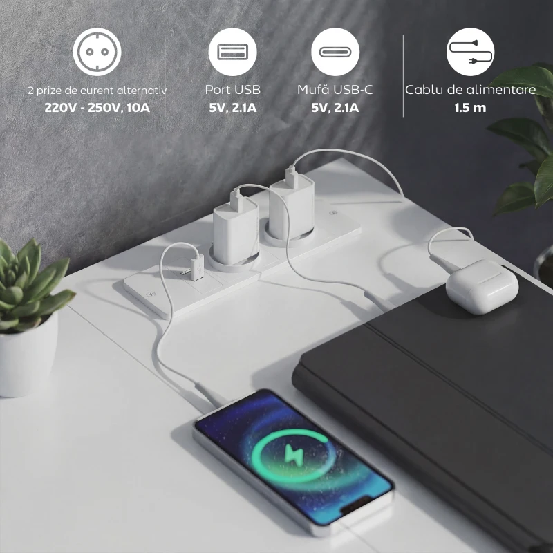 HOMCOM Birou de Colț Reversibil cu Prize și Porturi USB, 126x48 cm, Birou în Formă de L cu 6 Sertare din Material Textil, Cârlig Lateral, pentru Computer, Birou, Cameră, Alb