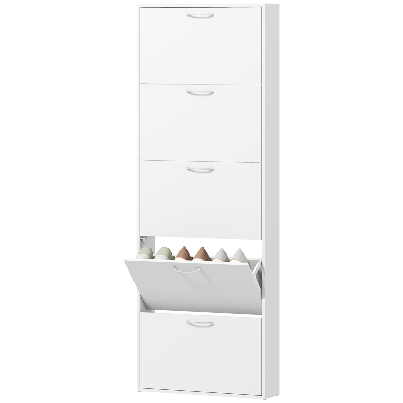 HOMCOM Meuble à chaussures 15 paires, armoire à chaussures étroite moderne avec 5 tiroirs rabattables, 65 x 17 x 180,5 cm blanc(m-1)