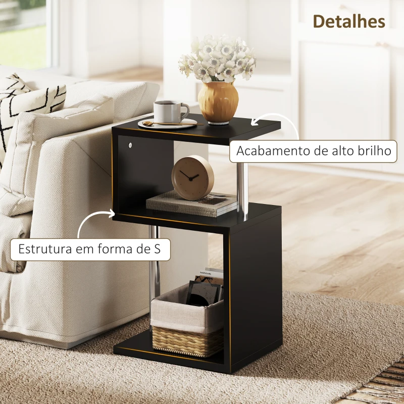 HOMCOM Mesa Auxiliar com Luz LED 3 Níveis Forma de S Prateleiras Abertas e Estrutura em Alumínio 44x38x75 cm Preto Brilhante