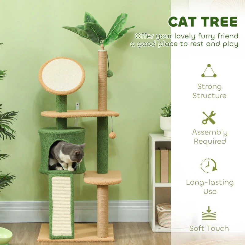 PawHut Cat Tree for Indoor Cat Large Adult with Green Leaves, 55 Inch Cat Tower with Cat Scratching Posts, Cat Condo, Scratching Pad, Ramp, Two Dangling Balls, Green