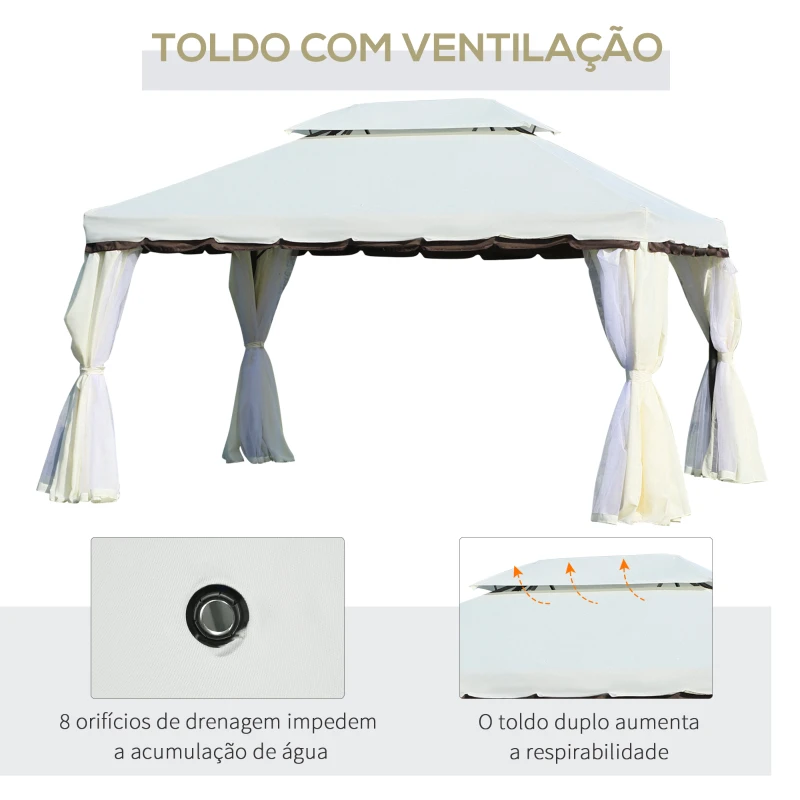 Outsunny Pérgola de Jardim 4x3m Gazebo com Teto Duplo Estrutura de Alumínio UPF50+ para Exterior Branco Creme