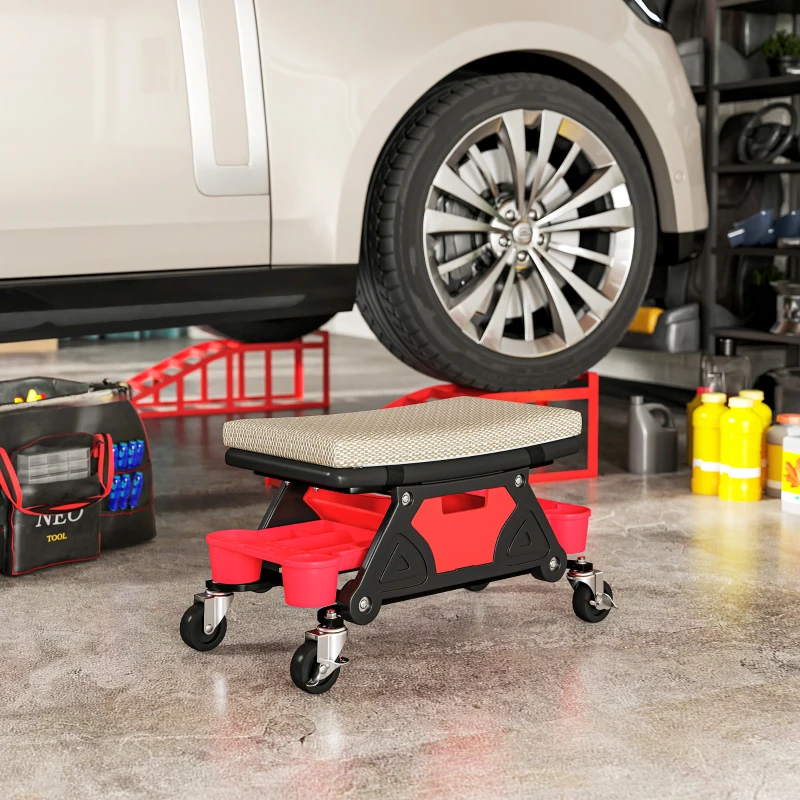 HOMCOM Taboret warsztatowy z kółkami i półką, wysokość 35 cm, do 135 kg, Szary