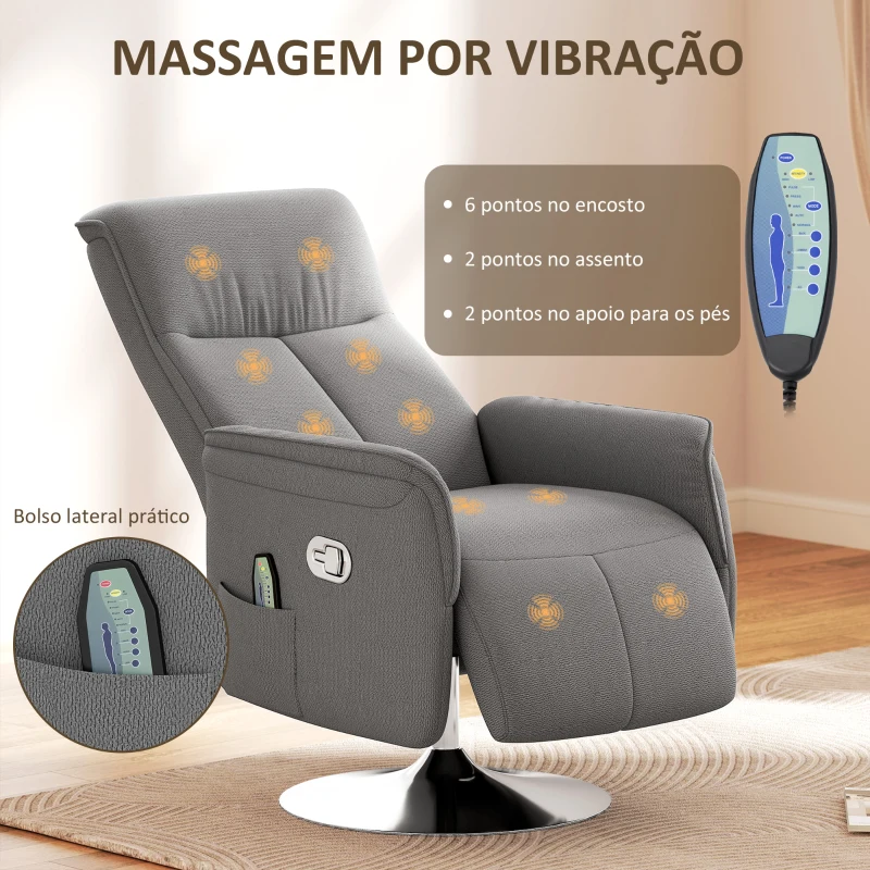 HOMCOM Poltrona de Massagem com Apoio para os Pés Poltrona Relax Reclinável até 135° com 10 Pontos de Massagem 68,5x84x110cm Cinza