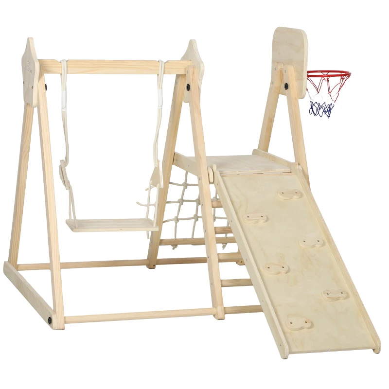 AIYAPLAY Gioco Arrampicata 5 in 1 Pieghevole con Scivolo, 2 Pareti, Altalena e Canestro, in Legno, 140x172.5x116.5 cm