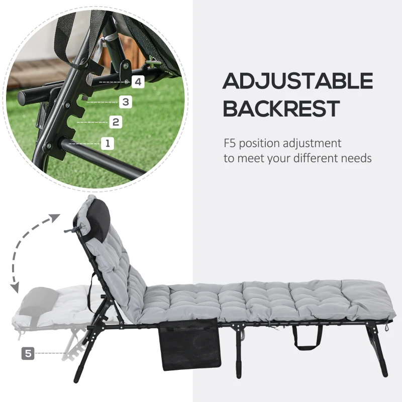 Outsunny Leżak składany, regulowane 5-pozycyjne oparcie, poduszka, wałek, do 120 kg, Stal, szary, 58 x 189 x 32,5 cm