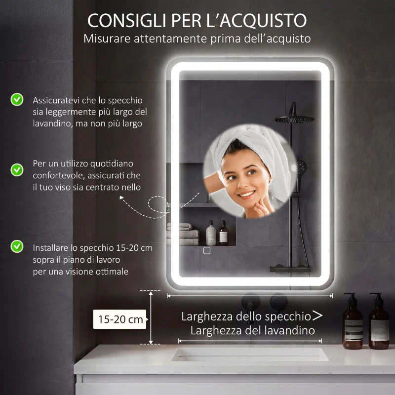 HOMCOM Specchio Bagno LED Touch con Luce Dimmerabile, a 3 Temperature e Antiappannamento, 70x90 cm