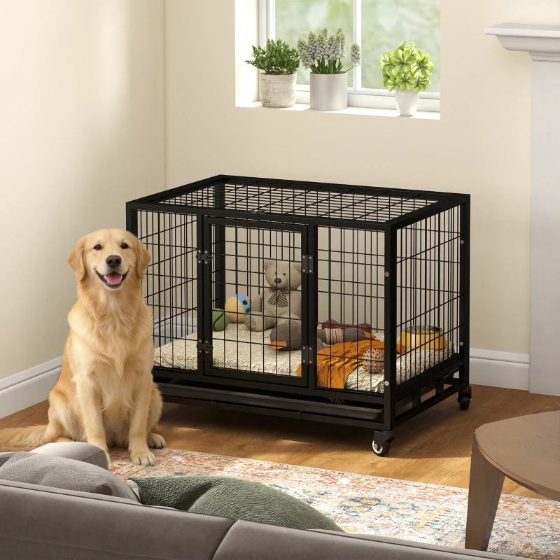 PawHut Jaula de Metal para Perros con Ruedas y Frenos Bandeja Extraíble y Puerta con Pestillo para Golden Retriver Labrador 92x62x75 cm Negro