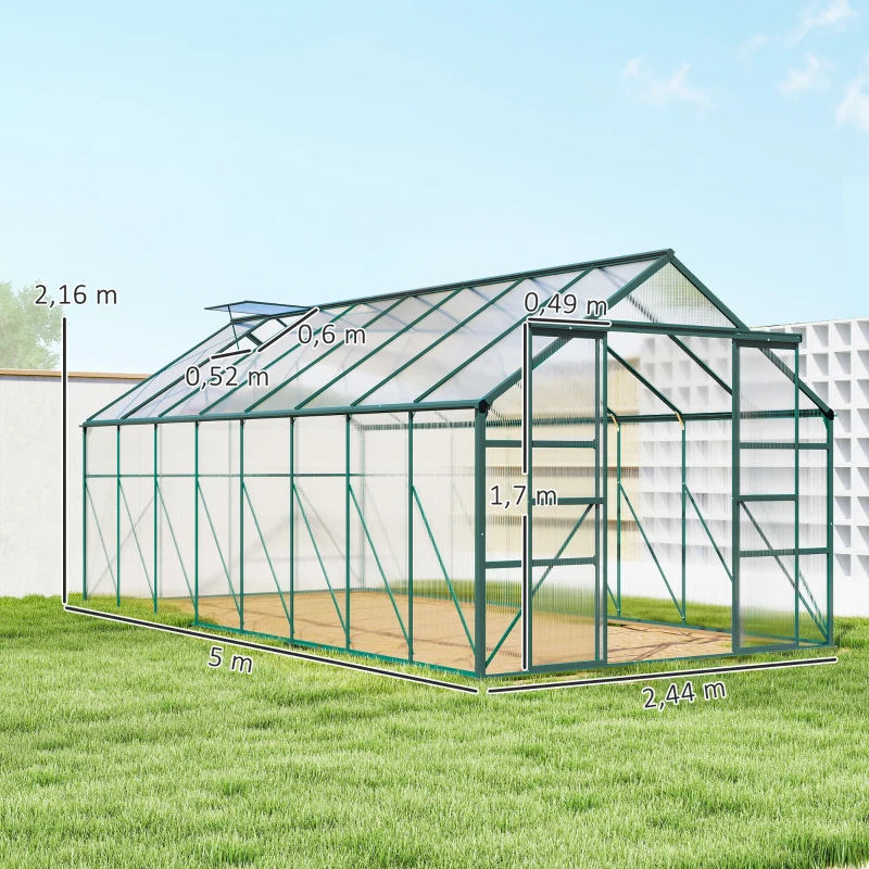 Outsunny Serre de jardin en aluminium polycarbonate avec fondation, serre avec fenêtre réglable porte coulissante 244x500x216cm