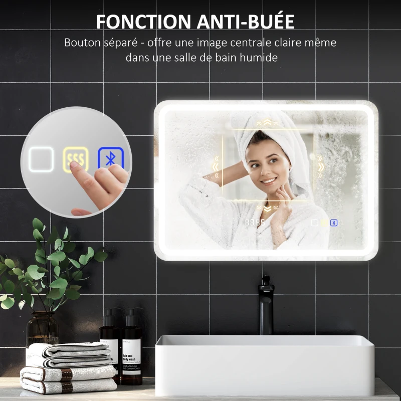 HOMCOM Miroir salle de bain Bluetooth avec éclairage LED 50 x 70 cm, miroir lumineux mural avec horloge, antibuée, argenté
