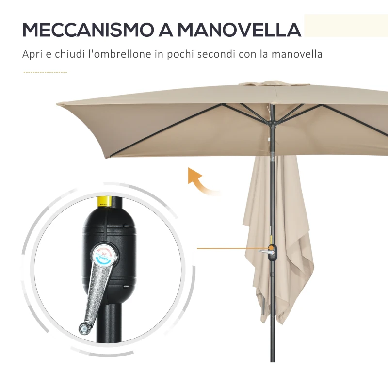 Outsunny Ombrellone Rettangolare 2x3 m Pieghevole e Regolabile con Manovella, in Alluminio e Poliestere, Cachi