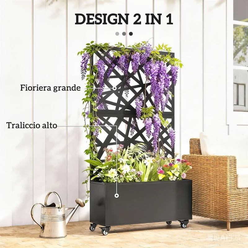 Outsunny Fioriera con Grigliato per Rampicanti a Rotelle Fori di Drenaggio, in Metallo, 90x30x160 cm, Nero