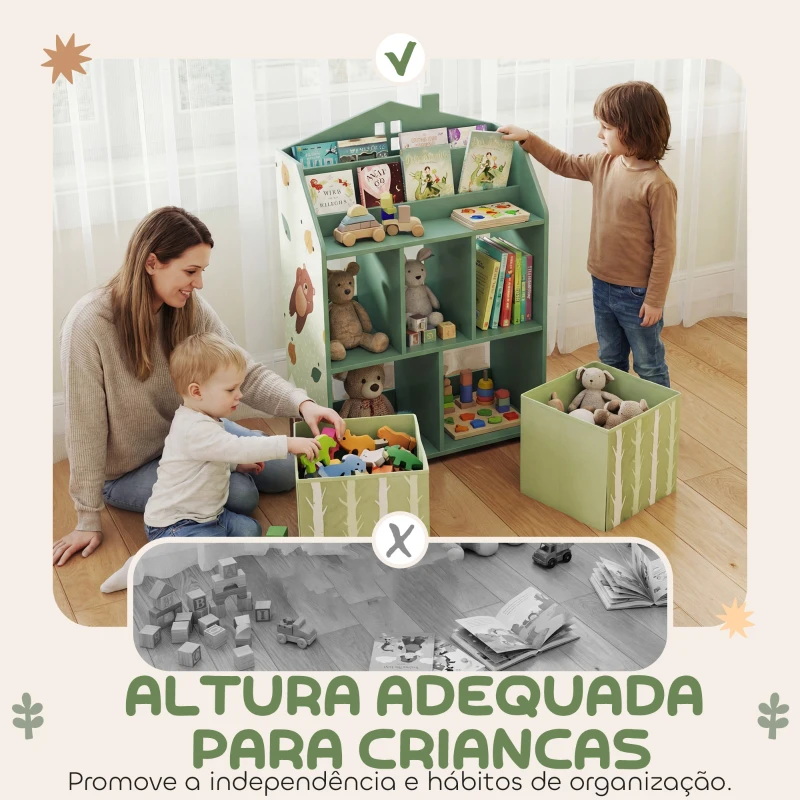 AIYAPLAY Estante Infantil para Brinquedos com Gavetas de Tecido Prateleiras Abertas Design de Ursinhos Organizador de Brinquedos Verde