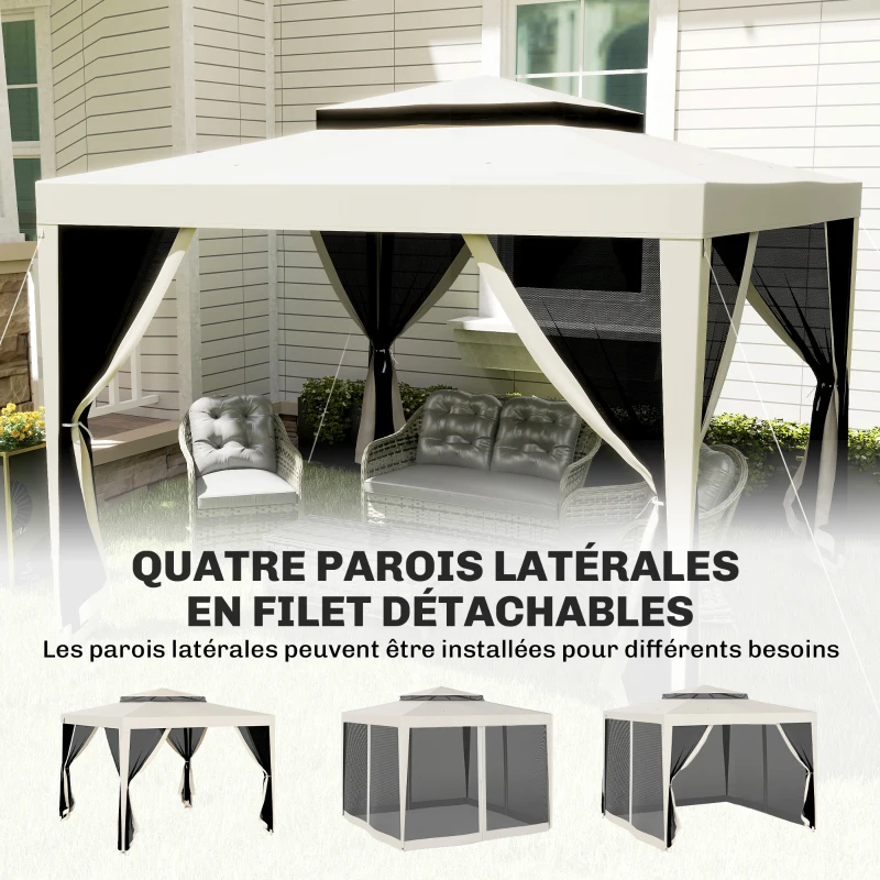 Outsunny Tonnelle barnum de jardin 3 x 3 m avec 4 moustiquaires amovibles - double toit - crème